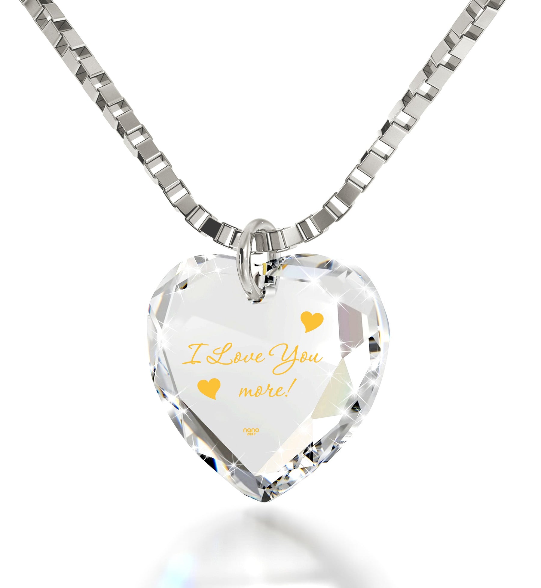 I Love You More Necklace 24k Gold Inscribed Tiny Crystal Swarovski Heart Pendant