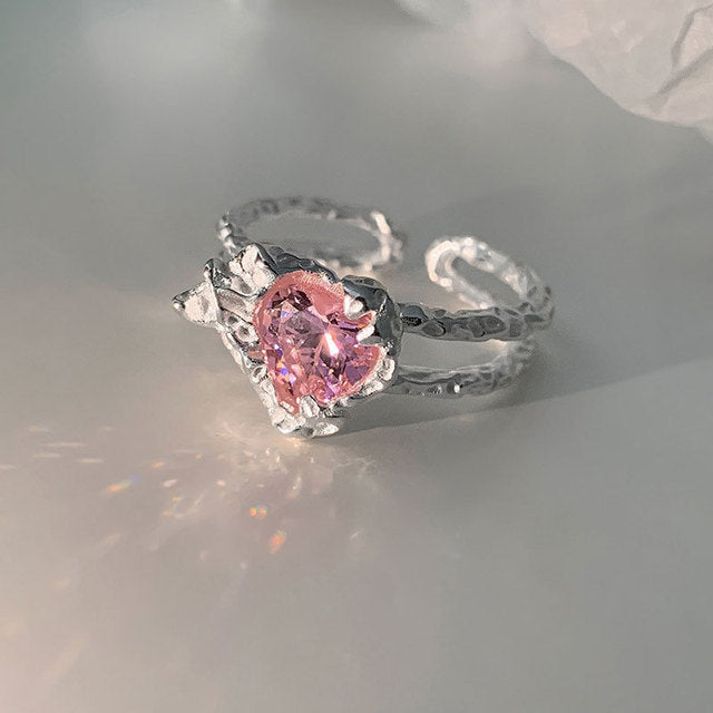 Pink Crystal Irregular Heart Ring