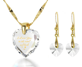 I Love You to the Moon and Back Necklace 24k Gold Inscribed and Crystal Heart Earrings