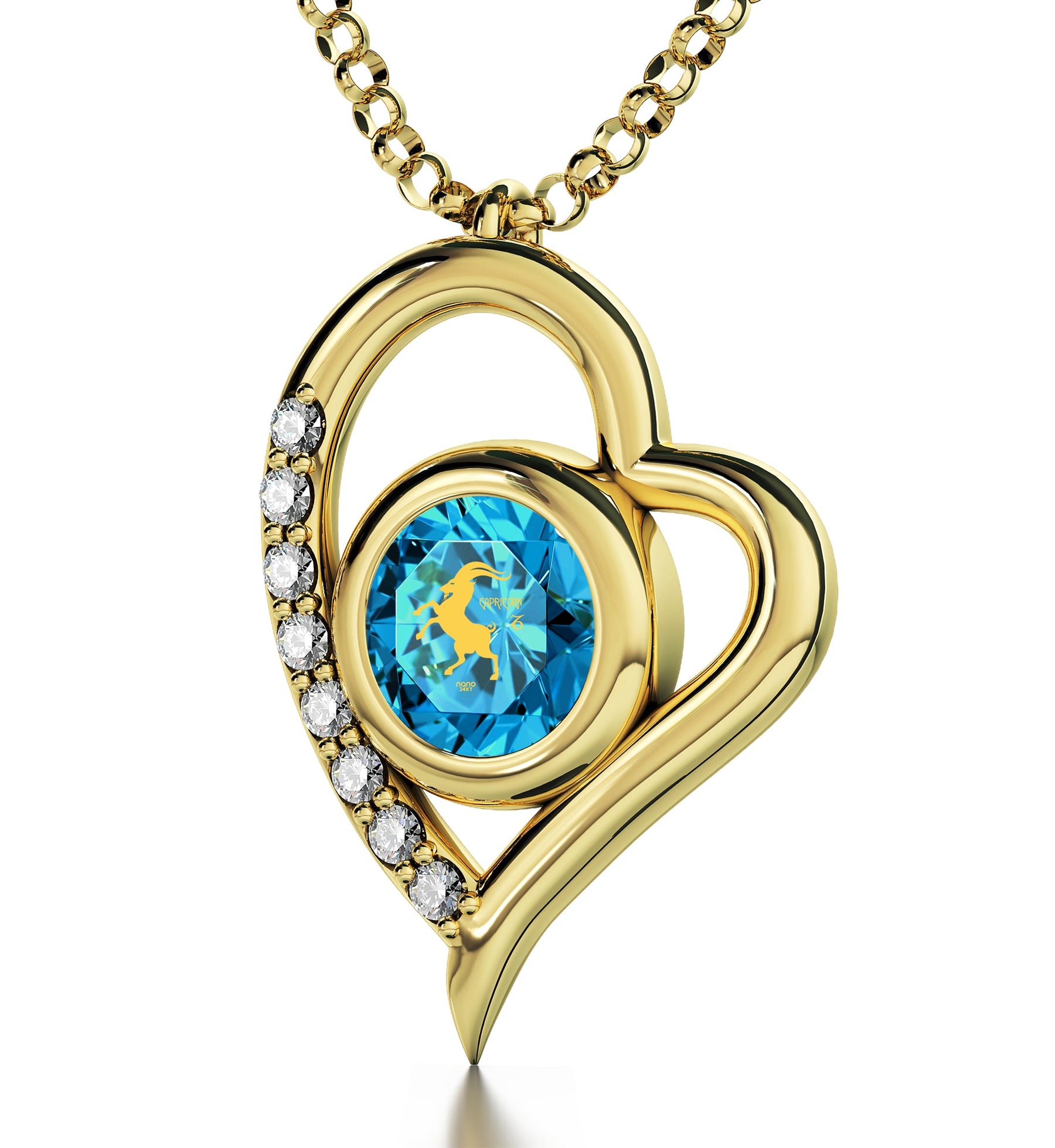 Gold Plated Silver Capricorn Necklace Zodiac Heart Pendant 24k Gold inscribed on Crystal