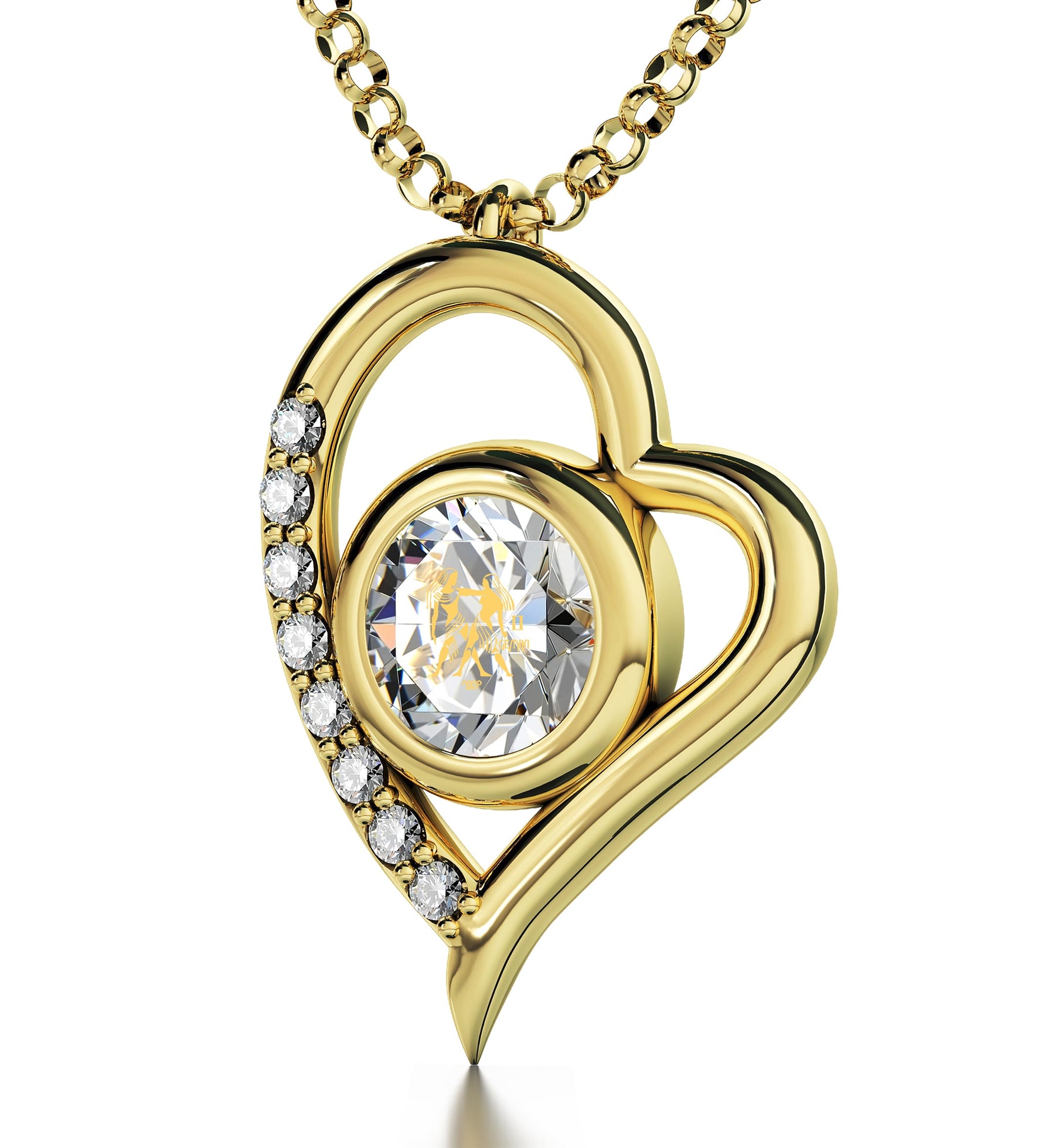 Gold Plated Silver Gemini Necklace Zodiac Heart Pendant 24k Gold Inscribed on Crystal