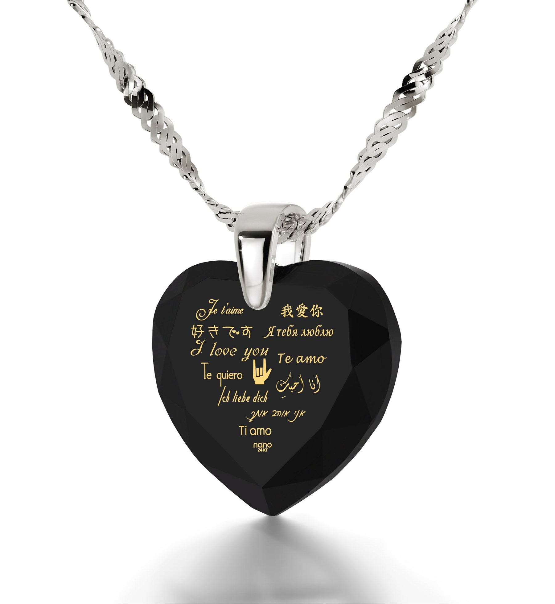 Silver Heart Necklace I Love You in 12 Languages 24k Gold Inscribed Cubic Zirconia