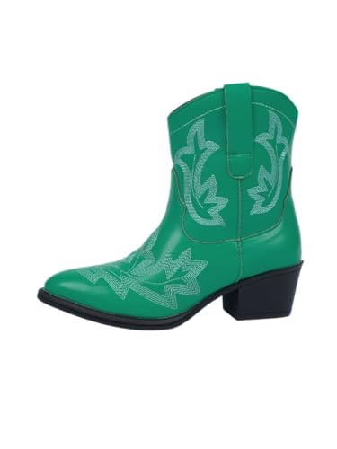 Women's Chic Emerald Green Faux Leather Embroidery Totem Mid Chunky Heel Western Ankle Boots Pointed Toe Mid-Block Heel Cowboy/Cowgirl Short Boots for Spring/Fall/Winter, Stylish Daily Dressy Boots