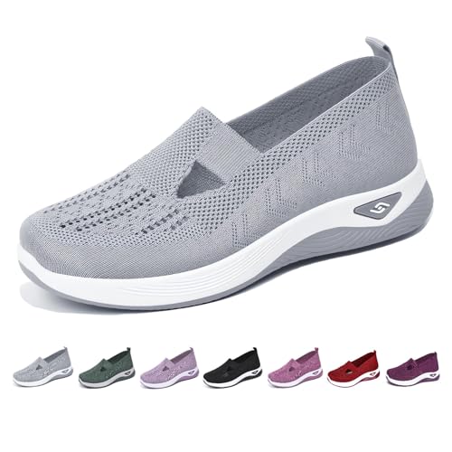 Women's Woven Orthopedic Breathable Soft Shoes Go Walking Slip on Diabetic Foam Shoes Hands Free Slip in Sneakers Arch Support, Grey, 8.5-9 Wide