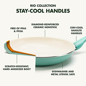 GreenPan Rio Healthy Ceramic Nonstick 16 Piece Cookware Pots and Pans Set, PFAS-Free, Dishwasher Safe, Turquoise