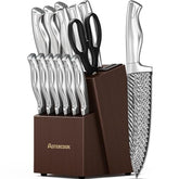 Knife Set, 15 Pieces Kitchen Knife Block Set with Built in Knife Sharpener Block, Dishwasher Safe, German Stainless Steel, Best Gift, Silver