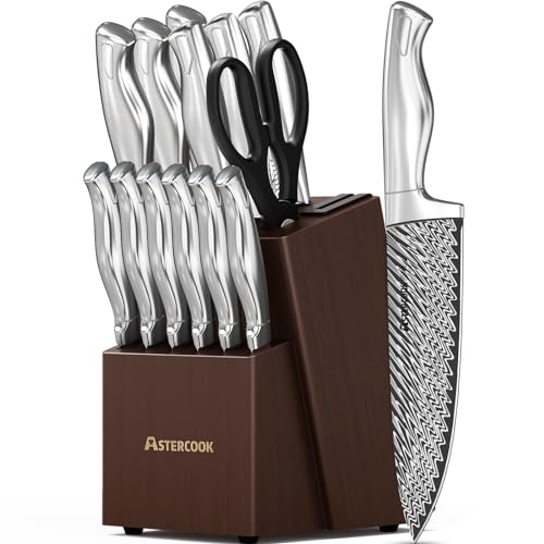 Knife Set, 15 Pieces Kitchen Knife Block Set with Built in Knife Sharpener Block, Dishwasher Safe, German Stainless Steel, Best Gift, Silver