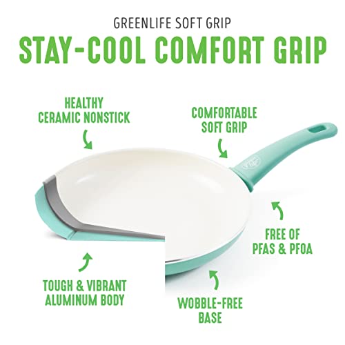 GreenLife Soft Grip Healthy Ceramic Nonstick 16 Piece Kitchen Cookware Pots and Frying Sauce Pans Set, PFAS-Free, Dishwasher Safe, Turquoise