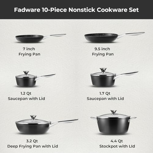 Fadware Induction Cookware Non-stick, Non Stick Pots and Pans Set, Dishwasher Safe Non Stick Cooking Set w/Frying Pans, Saucepans & Stockpot, Oven Safe, Black