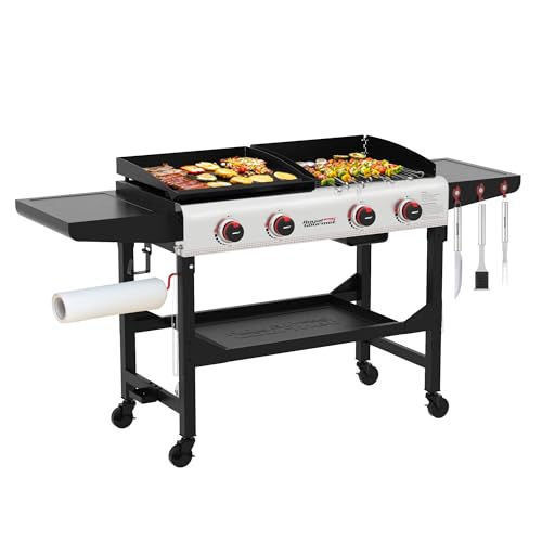 Royal Gourmet GD403 4-Burner Portable Flat Top Gas Grill and Griddle Combo with Folding Legs, 48,000 BTU, for Outdoor Cooking While Camping or Tailgating, Black & Silver