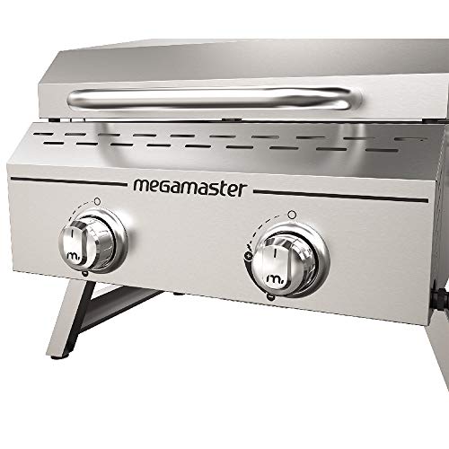 Megamaster Premium Outdoor Cooking 2-Burner Grill, While Camping, Outdoor Kitchen, Patio Garden, Barbecue with Two Foldable legs, Silver in Stainless Steel