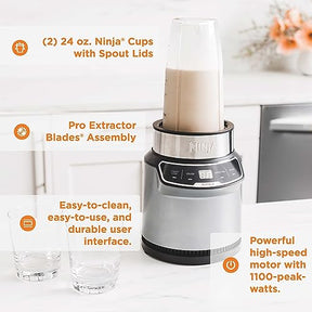 Ninja BN401 Nutri Pro Compact Personal Blender, Auto-iQ Technology, 1100-Peak-Watts, for Frozen Drinks, Smoothies, Sauces & More, with (2) 24-oz. To-Go Cups & Spout Lids, Cloud Silver