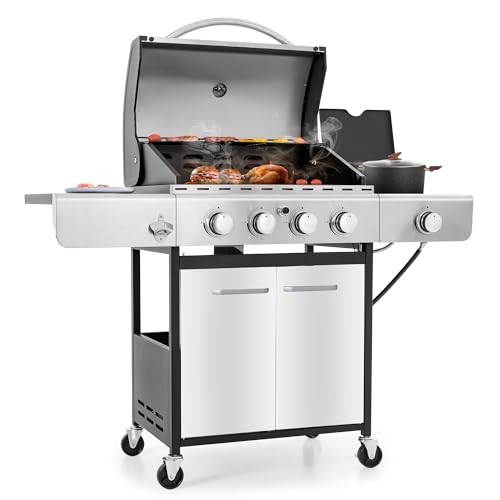 MFSTUDIO 4 Burner Propane Gas BBQ Grill with Porcelain-Enameled Cast Iron Grates and Side Burner, 42,000BTU Outdoor Patio Garden Barbecue Grill, Stainless Steel