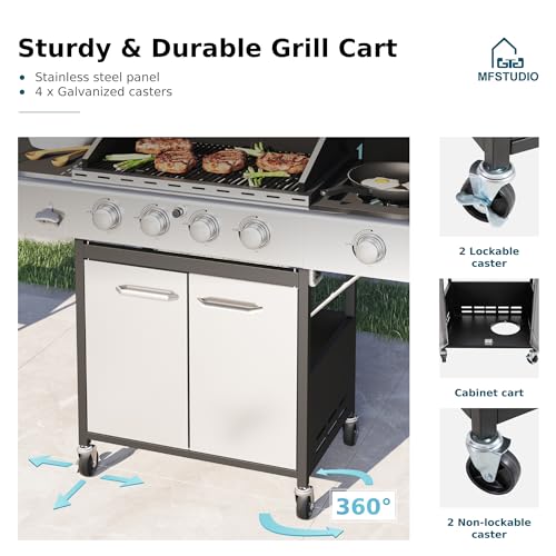 MFSTUDIO 4 Burner Propane Gas BBQ Grill with Porcelain-Enameled Cast Iron Grates and Side Burner, 42,000BTU Outdoor Patio Garden Barbecue Grill, Stainless Steel