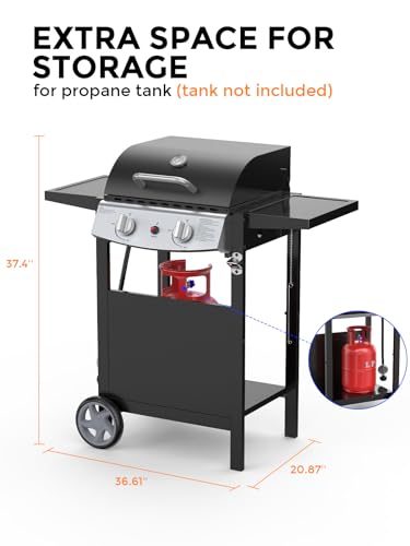 Cowsar 2 burner BBQ Propane Gas Grill, stainless steel 20000 BTU, equipped with 2 sides storage shelves and 2 wheels for easy mobility, Ideal for outdoor kitchens and backyard patio barbecues