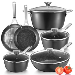 Fadware Induction Cookware Non-stick, Non Stick Pots and Pans Set, Dishwasher Safe Non Stick Cooking Set w/Frying Pans, Saucepans & Stockpot, Oven Safe, Black