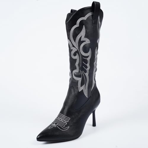 Women's Vintage Solid Color Stiletto Heel Western Cowboy Boots Embroidered Totem Wide Mid-Calf Pull-on Cowgirl Bootie Mid Heel Pointed-Toe Western Shoes, Elegant Black or Brown,Size US6-9.5