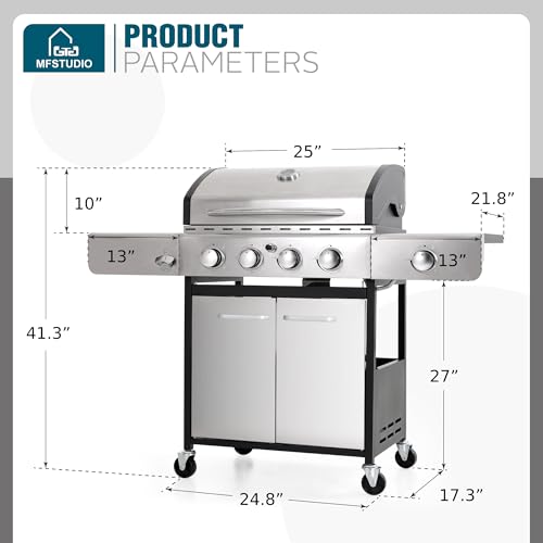 MFSTUDIO 4 Burner Propane Gas BBQ Grill with Porcelain-Enameled Cast Iron Grates and Side Burner, 42,000BTU Outdoor Patio Garden Barbecue Grill, Stainless Steel