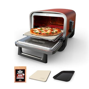 Ninja Woodfire Pizza Oven, 8-in-1 outdoor oven, 5 Pizza Settings, Ninja Woodfire Technology, 700°F high heat, BBQ smoker, wood pellets, pizza stone, electric heat, portable, terracotta red, 9x13