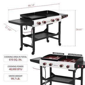 Royal Gourmet GD403 4-Burner Portable Flat Top Gas Grill and Griddle Combo with Folding Legs, 48,000 BTU, for Outdoor Cooking While Camping or Tailgating, Black & Silver