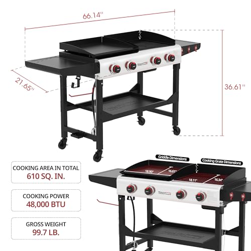 Royal Gourmet GD403 4-Burner Portable Flat Top Gas Grill and Griddle Combo with Folding Legs, 48,000 BTU, for Outdoor Cooking While Camping or Tailgating, Black & Silver