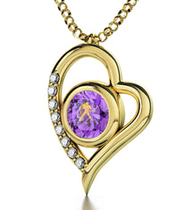 Gold Plated Silver Zodiac Heart Pendant Aquarius Necklace 24k Gold inscribed on Crystal