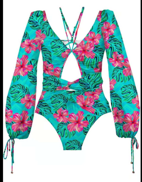 Vintage One Piece Swimsuit Female 2022 Long Sleeve Swimwear Women Plus Size Bathing Suit Print Bandage Summer Bathers Monokini