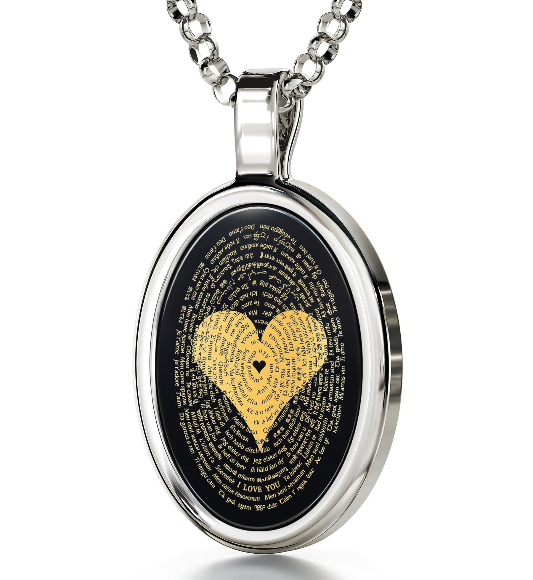 I Love You Necklace Onyx Pendant 24k Gold Inscribed in 120 Languages