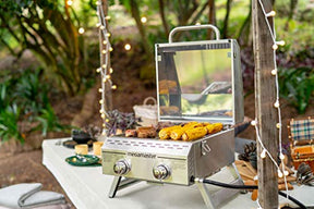 Megamaster Premium Outdoor Cooking 2-Burner Grill, While Camping, Outdoor Kitchen, Patio Garden, Barbecue with Two Foldable legs, Silver in Stainless Steel