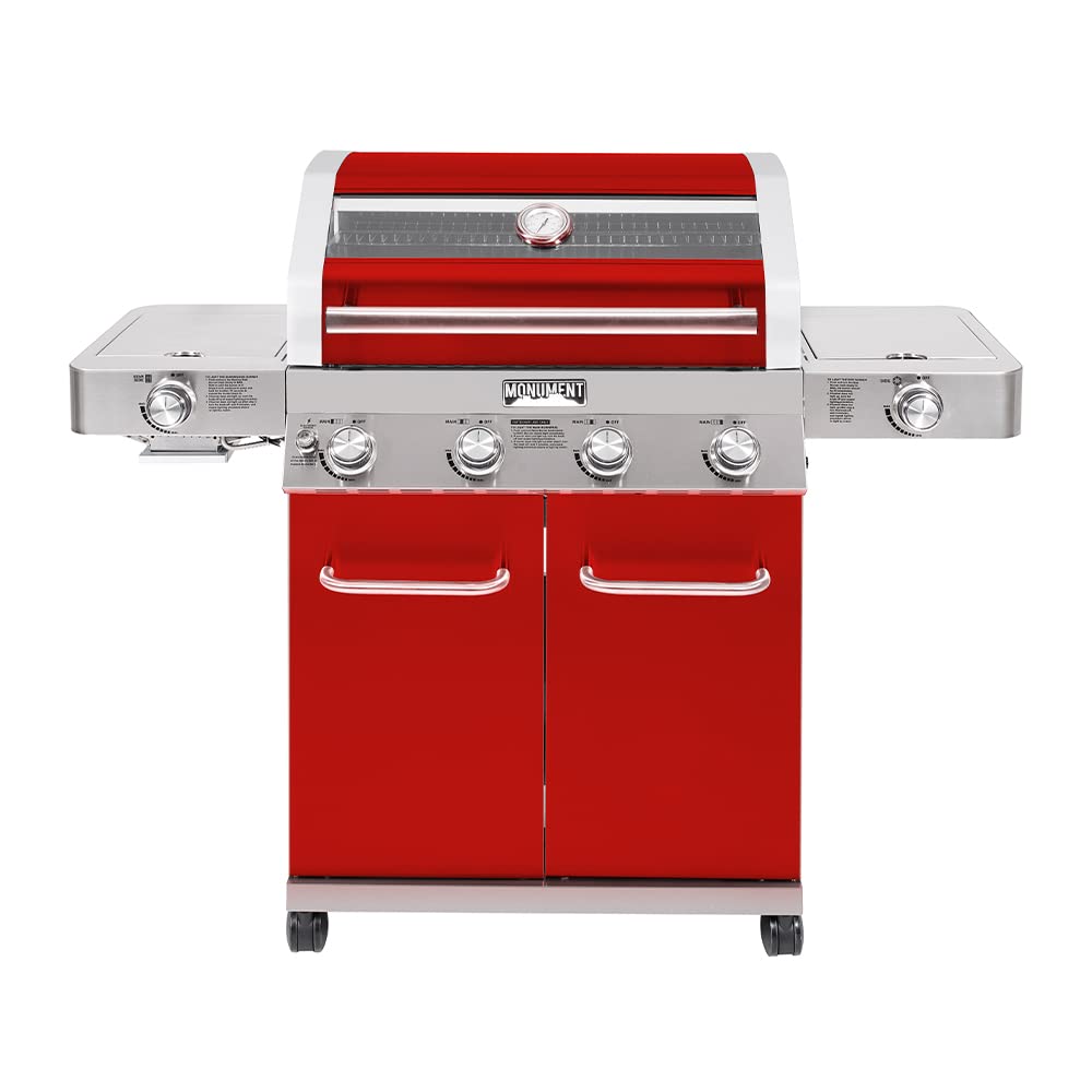 Monument Grills Larger 4-Burner Propane Gas Grills Stainless Steel Cabinet Style with Clear View Lid, LED Controls, Built in Thermometer, and Side & Infrared Side Sear Burners, Red