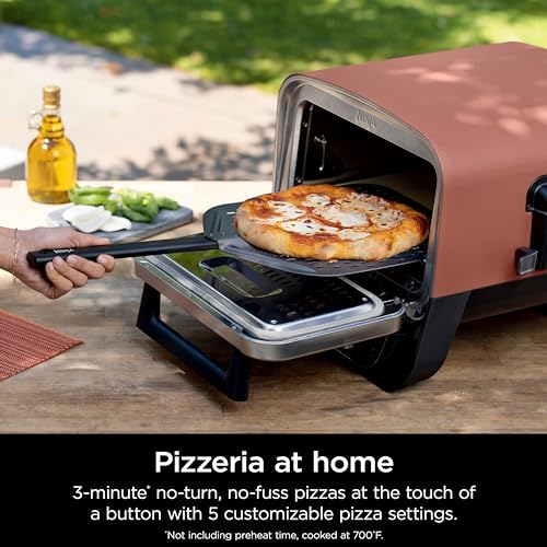 Ninja Woodfire Pizza Oven, 8-in-1 outdoor oven, 5 Pizza Settings, Ninja Woodfire Technology, 700°F high heat, BBQ smoker, wood pellets, pizza stone, electric heat, portable, terracotta red, 9x13