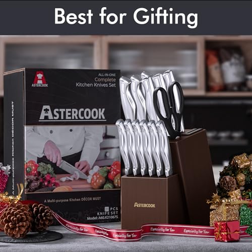 Knife Set, 15 Pieces Kitchen Knife Block Set with Built in Knife Sharpener Block, Dishwasher Safe, German Stainless Steel, Best Gift, Silver