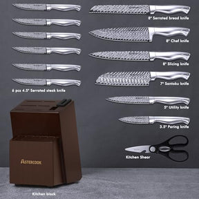 Knife Set, 15 Pieces Kitchen Knife Block Set with Built in Knife Sharpener Block, Dishwasher Safe, German Stainless Steel, Best Gift, Silver