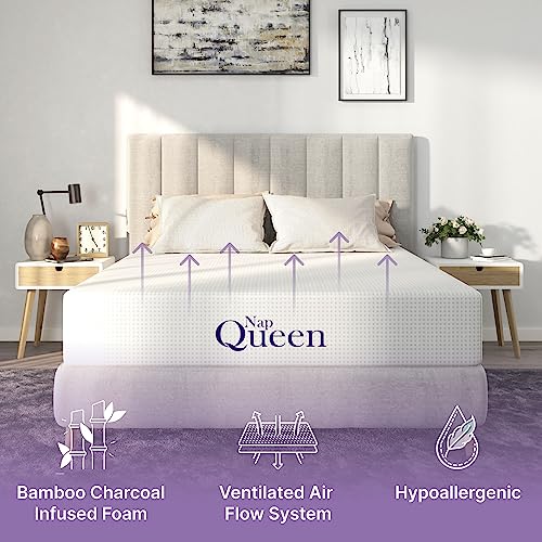 NapQueen 8 Inch Queen Size Mattress, Bamboo Charcoal Memory Foam Mattress, Bed in a Box, White