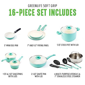 GreenLife Soft Grip Healthy Ceramic Nonstick 16 Piece Kitchen Cookware Pots and Frying Sauce Pans Set, PFAS-Free, Dishwasher Safe, Turquoise