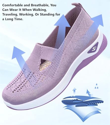 Women's Woven Orthopedic Breathable Soft Shoes Go Walking Slip on Diabetic Foam Shoes Hands Free Slip in Sneakers Arch Support, Grey, 8.5-9 Wide