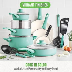 GreenLife Soft Grip Healthy Ceramic Nonstick 16 Piece Kitchen Cookware Pots and Frying Sauce Pans Set, PFAS-Free, Dishwasher Safe, Turquoise