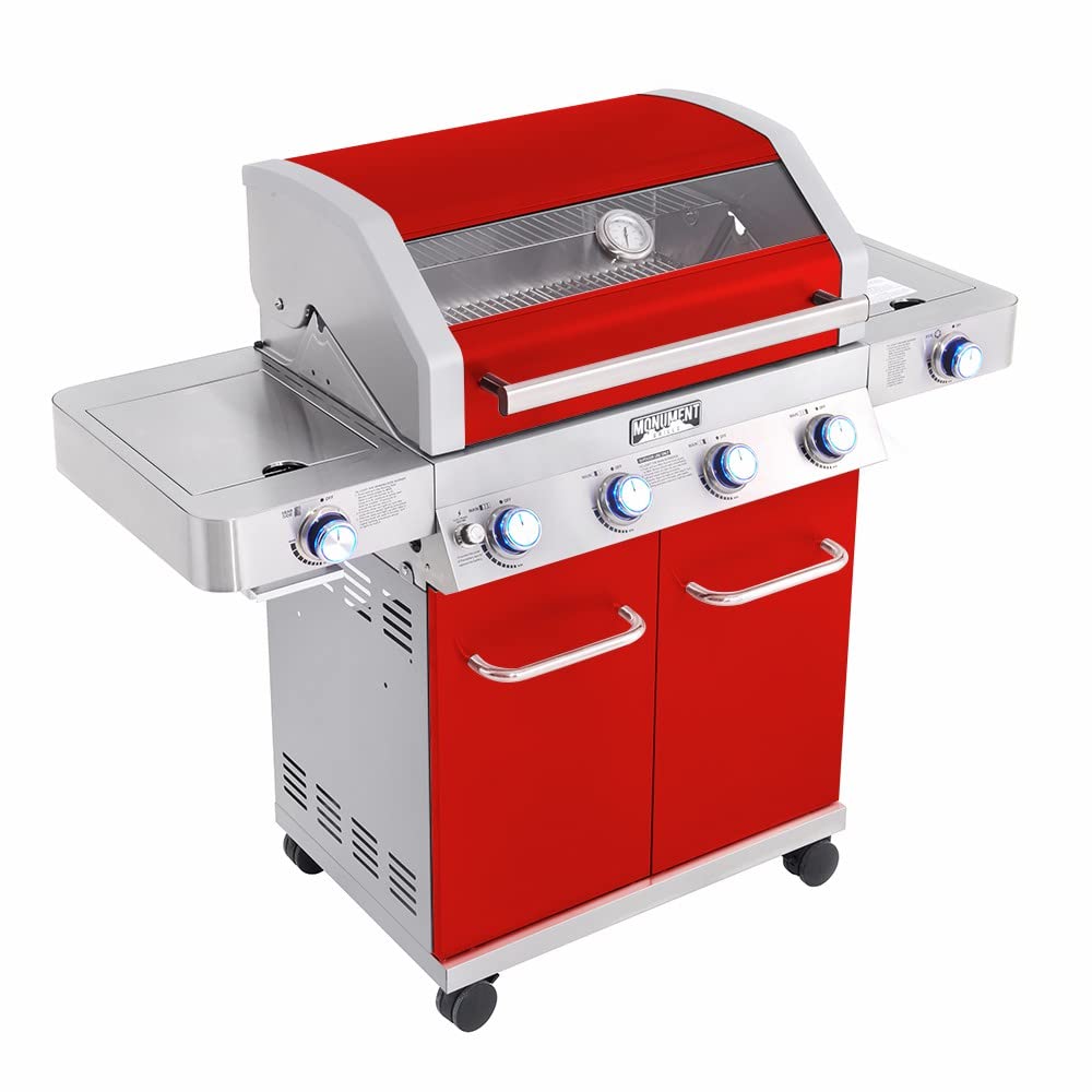 Monument Grills Larger 4-Burner Propane Gas Grills Stainless Steel Cabinet Style with Clear View Lid, LED Controls, Built in Thermometer, and Side & Infrared Side Sear Burners, Red