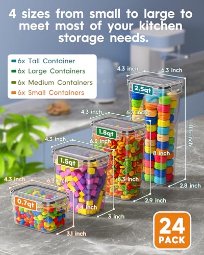 KEMETHY 24 PCS Airtight Food Storage Containers with Lids, Kitchen Pantry Organization and Storage, BPA-Free Plastic Scale Food Canisters for Cereal, Flour, Sugar, Dry Food, Include Labels & Marker