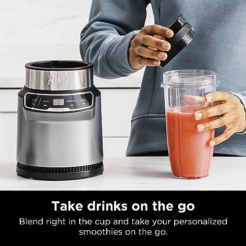 Ninja BN401 Nutri Pro Compact Personal Blender, Auto-iQ Technology, 1100-Peak-Watts, for Frozen Drinks, Smoothies, Sauces & More, with (2) 24-oz. To-Go Cups & Spout Lids, Cloud Silver