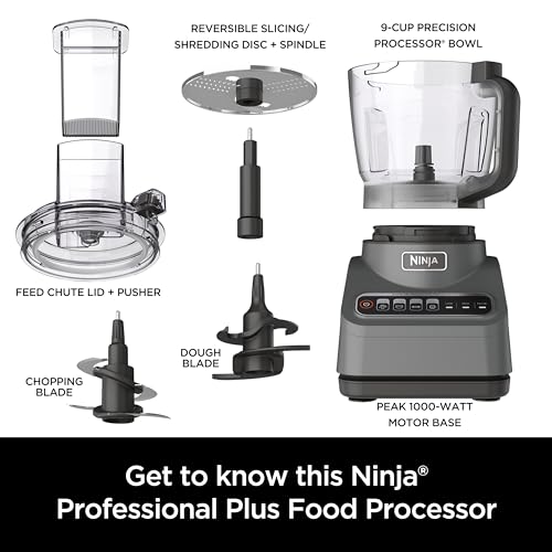 Ninja BN601 Professional Plus Food Processor, 1000 Peak Watts, 4 Functions for Chopping, Slicing, Purees & Dough with 9-Cup Processor Bowl, 3 Blades, Food Chute & Pusher, Silver