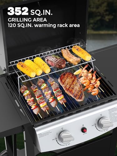 Cowsar 2 burner BBQ Propane Gas Grill, stainless steel 20000 BTU, equipped with 2 sides storage shelves and 2 wheels for easy mobility, Ideal for outdoor kitchens and backyard patio barbecues