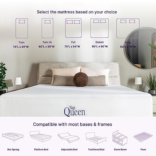 NapQueen 8 Inch Queen Size Mattress, Bamboo Charcoal Memory Foam Mattress, Bed in a Box, White