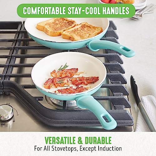 GreenLife Soft Grip Healthy Ceramic Nonstick 16 Piece Kitchen Cookware Pots and Frying Sauce Pans Set, PFAS-Free, Dishwasher Safe, Turquoise