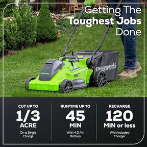 Greenworks 40V 16" Brushless Cordless (Push) Lawn Mower (75+ Compatible Tools), 4.0Ah Battery and Charger Included