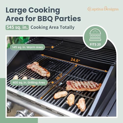 Captiva Designs 4-Burner Propane Gas BBQ Grill with Side Burner & Porcelain-Enameled Cast Iron Grates, 42,000 BTU Output Stainless Steel Grill for Outdoor Cooking Kitchen and Patio Backyard Barbecue