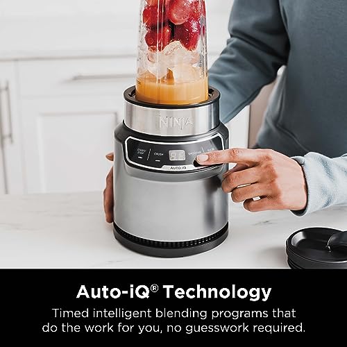 Ninja BN401 Nutri Pro Compact Personal Blender, Auto-iQ Technology, 1100-Peak-Watts, for Frozen Drinks, Smoothies, Sauces & More, with (2) 24-oz. To-Go Cups & Spout Lids, Cloud Silver