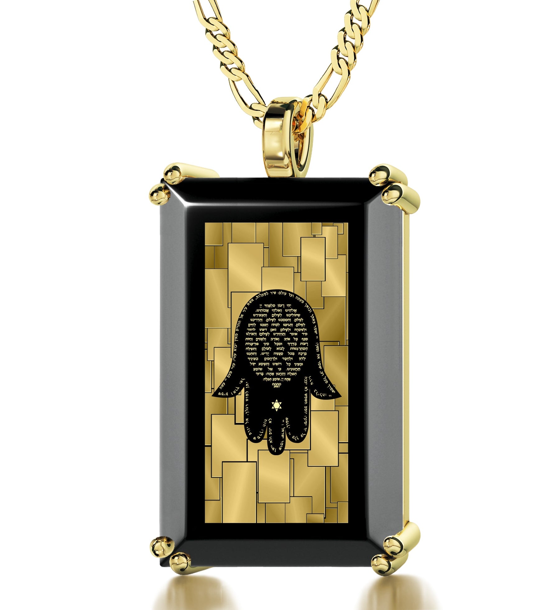 Men's Hamsa Necklace Pendant with Travelers Prayer 24k Gold Inscribed on Onyx