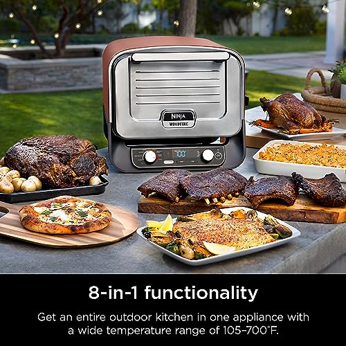 Ninja Woodfire Pizza Oven, 8-in-1 outdoor oven, 5 Pizza Settings, Ninja Woodfire Technology, 700°F high heat, BBQ smoker, wood pellets, pizza stone, electric heat, portable, terracotta red, 9x13