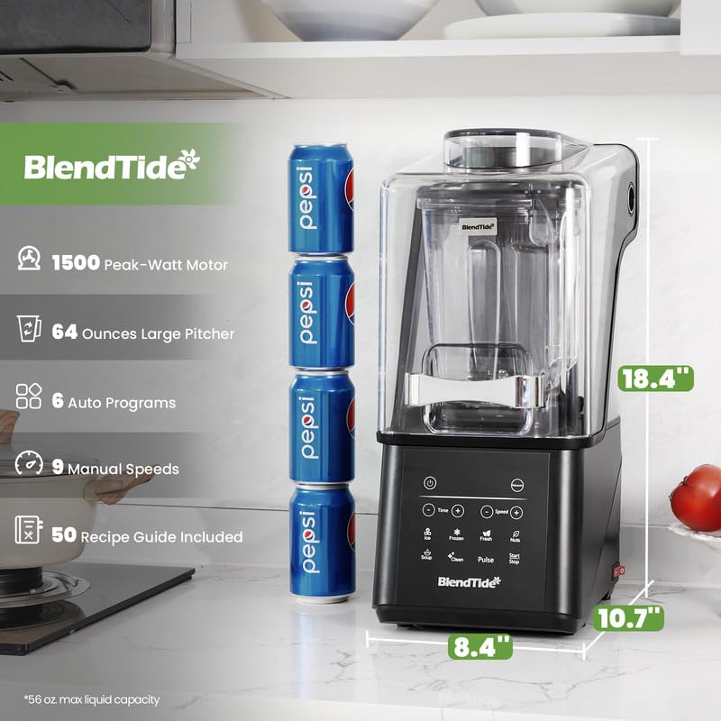 BlendTide Commercial Blender, 1500W Vacuum Blender for Less Foam, Professional-Grade Quiet Shield, Kitchen Timer, 9 Speeds, 6 Programs for Smoothies, Frozen Drinks, Self-Cleaning, 64oz Bulk Production